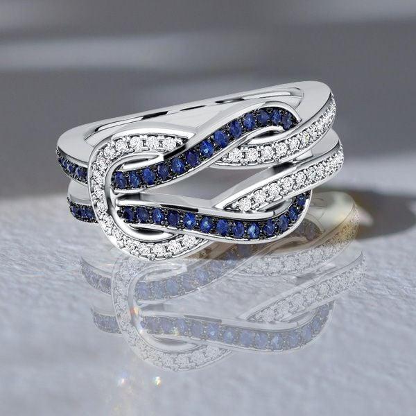 Two Tone Blue and White Sapphire Wedding Band for Women in Sterling Silver