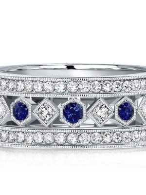 Vintage Milgrain Blue Sapphire Eternity Wedding Band in Sterling Silver for Women