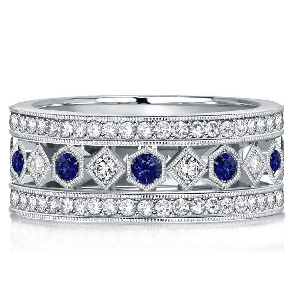 Vintage Milgrain Blue Sapphire Eternity Wedding Band in Sterling Silver for Women