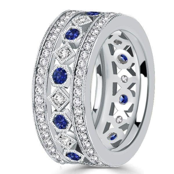 Vintage Milgrain Blue Sapphire Eternity Wedding Band in Sterling Silver for Women