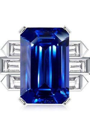 Emerald Cut Blue Sapphire Engagement Ring - 925 Sterling Silver