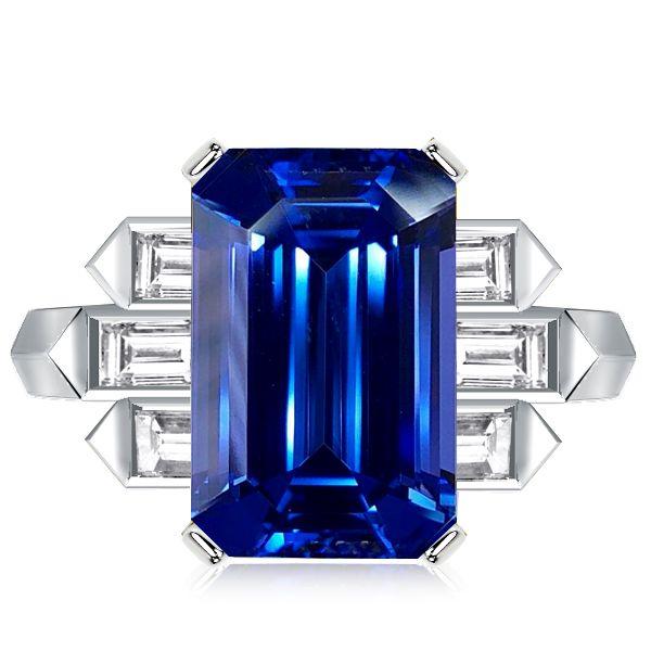 Emerald Cut Blue Sapphire Engagement Ring - 925 Sterling Silver