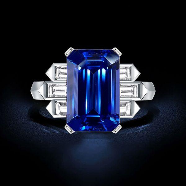 Emerald Cut Blue Sapphire Engagement Ring - 925 Sterling Silver