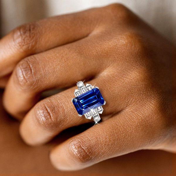 Emerald Cut Blue Sapphire Engagement Ring - 925 Sterling Silver