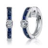 Blue Sapphire Hoop Earrings in Sterling Silver - Hinged Closure