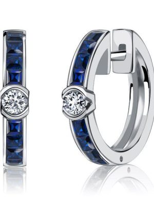 Blue Sapphire Hoop Earrings in Sterling Silver - Hinged Closure