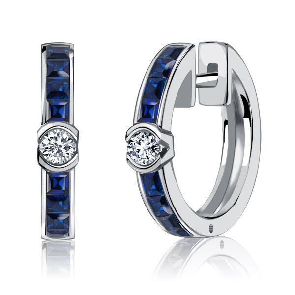 Blue Sapphire Hoop Earrings in Sterling Silver - Hinged Closure