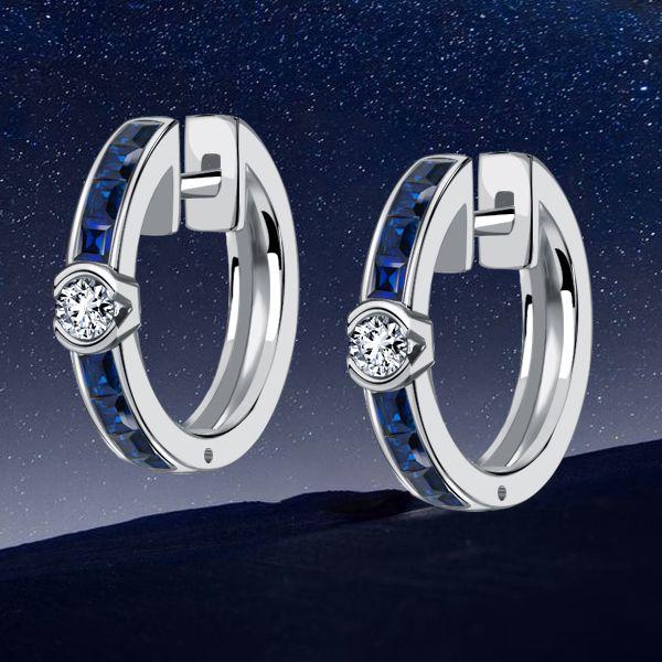 Blue Sapphire Hoop Earrings in Sterling Silver - Hinged Closure