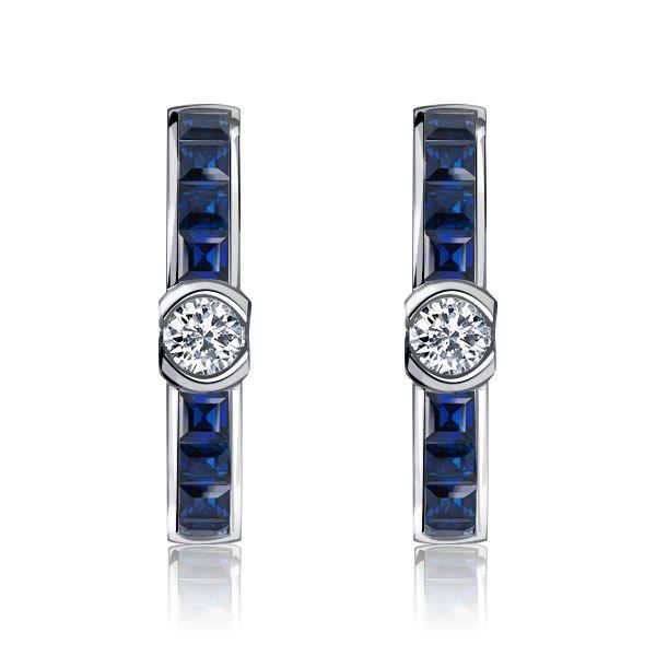 Blue Sapphire Hoop Earrings in Sterling Silver - Hinged Closure