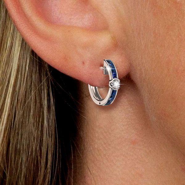 Blue Sapphire Hoop Earrings in Sterling Silver - Hinged Closure