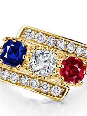 Vintage Inspired Blue Sapphire & Ruby 3-Stone Engagement Ring - 18K Gold Plated Sterling Silver