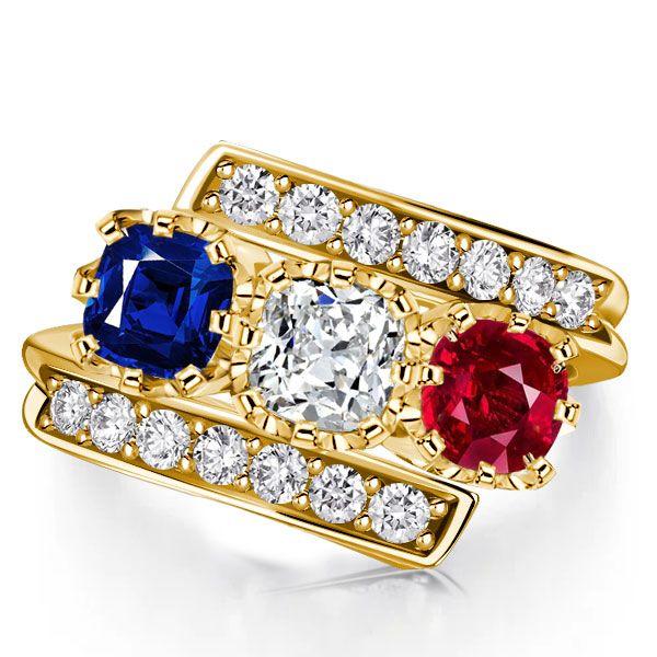 Vintage Inspired Blue Sapphire & Ruby 3-Stone Engagement Ring - 18K Gold Plated Sterling Silver