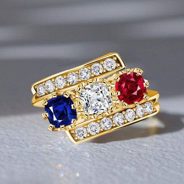 Vintage Inspired Blue Sapphire & Ruby 3-Stone Engagement Ring - 18K Gold Plated Sterling Silver