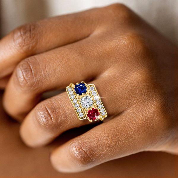 Vintage Inspired Blue Sapphire & Ruby 3-Stone Engagement Ring - 18K Gold Plated Sterling Silver