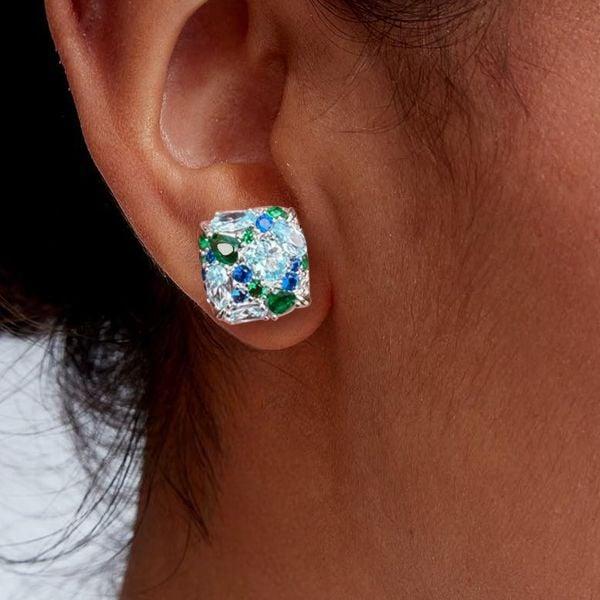 Multi-Color Aquamarine Stud Earrings for Women in 925 Sterling Silver