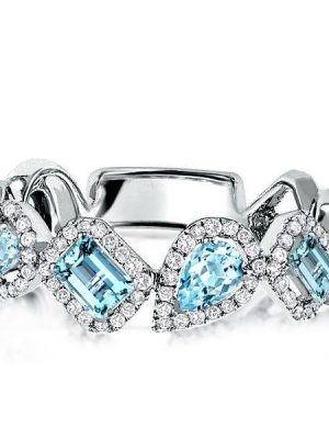 Halo Pear & Emerald Cut Aquamarine Wedding Band - Sterling Silver