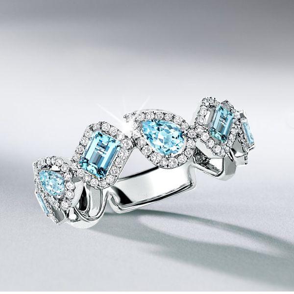 Halo Pear & Emerald Cut Aquamarine Wedding Band - Sterling Silver