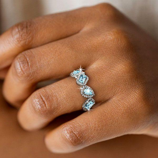 Halo Pear & Emerald Cut Aquamarine Wedding Band - Sterling Silver