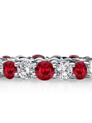 Round Cut Garnet Eternity Wedding Band in Rhodium Plated Sterling Silver