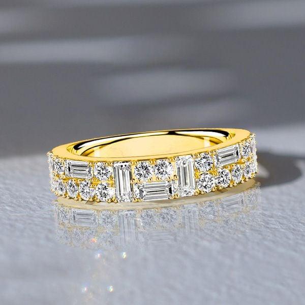 18K Gold Plated Sterling Silver Half Eternity Band with White Sapphire Round & Baguette Cuts (1.05 CT. TW.)