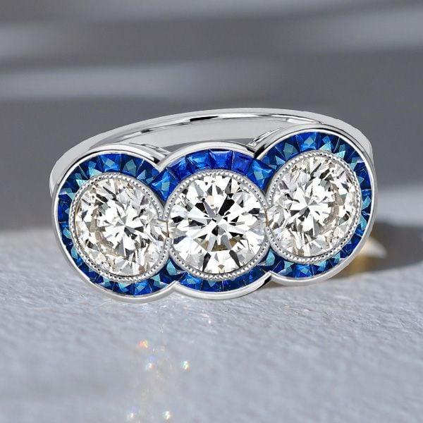 Art Deco 3 Stone Engagement Ring | Vintage Style Sterling Silver Anniversary Band