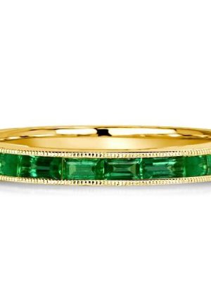Emerald Green Half Eternity Wedding Band Milgrain Detail 18K Gold Plated Sterling Silver