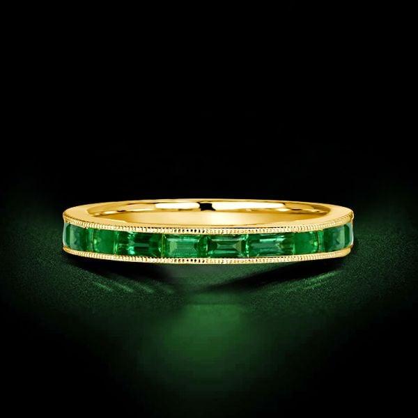 Emerald Green Half Eternity Wedding Band Milgrain Detail 18K Gold Plated Sterling Silver