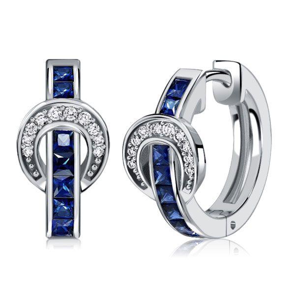 Princess Cut Blue Stone Buckle Hoop Earrings in Sterling Silver