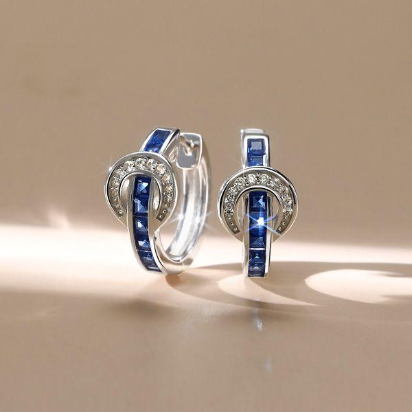 Princess Cut Blue Stone Buckle Hoop Earrings in Sterling Silver