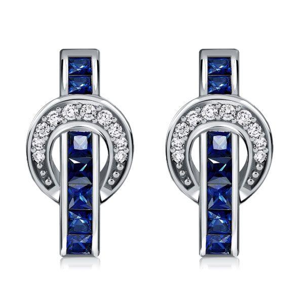 Princess Cut Blue Stone Buckle Hoop Earrings in Sterling Silver