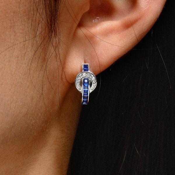 Princess Cut Blue Stone Buckle Hoop Earrings in Sterling Silver