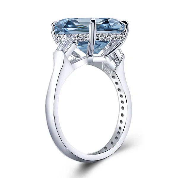 Radiant Cut Blue Topaz Three Stone Engagement Ring - Sterling Silver