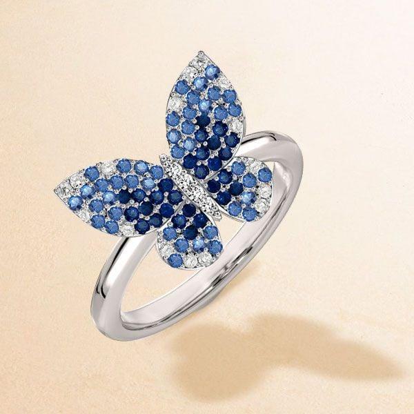 Dancing Butterfly Blue Sapphire Engagement Ring in 925 Sterling Silver