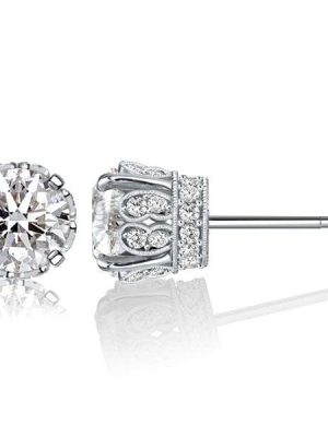 Vintage Style Round Cut Stud Earrings in 925 Sterling Silver with Rhodium Plating