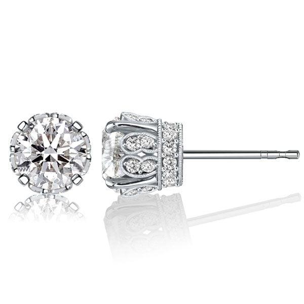 Vintage Style Round Cut Stud Earrings in 925 Sterling Silver with Rhodium Plating