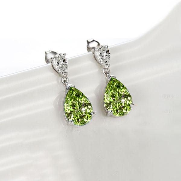 Sterling Silver Pear Shaped Peridot Drop Earrings with Rhodium Finish