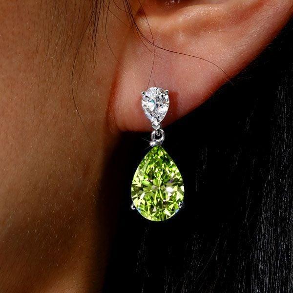 Sterling Silver Pear Shaped Peridot Drop Earrings with Rhodium Finish