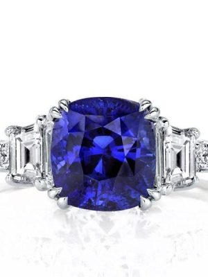 Three Stone Double Prong Cushion Created Sapphire Engagement Ring in 925 Sterling Silver