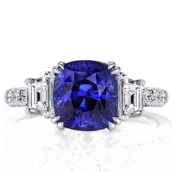 Three Stone Double Prong Cushion Created Sapphire Engagement Ring in 925 Sterling Silver