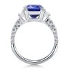 Three Stone Double Prong Cushion Created Sapphire Engagement Ring in 925 Sterling Silver