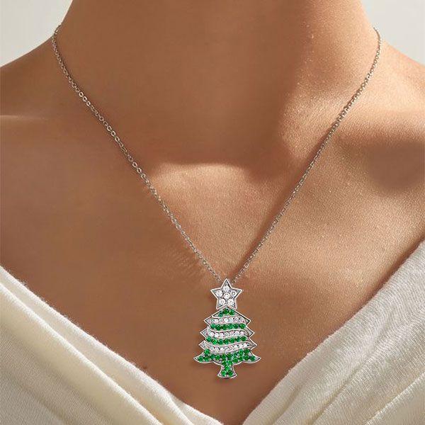 Sterling Silver Christmas Tree Necklace for Women - Festive Holiday Pendant