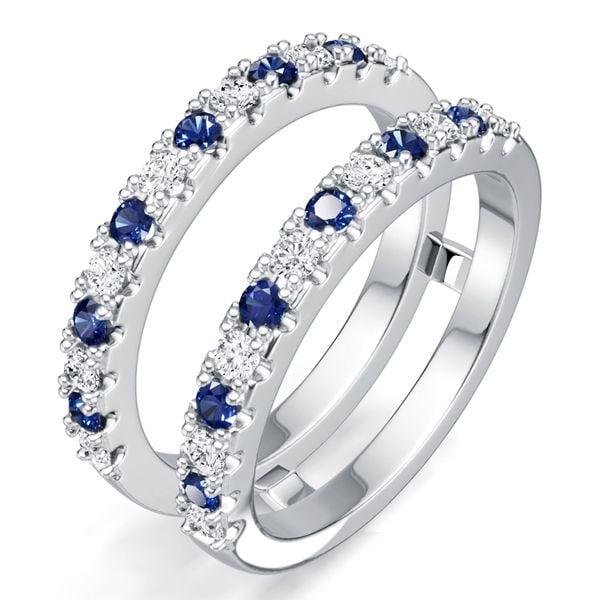 Round Cut White and Blue Sapphire Enhancer Wedding Band in Sterling Silver