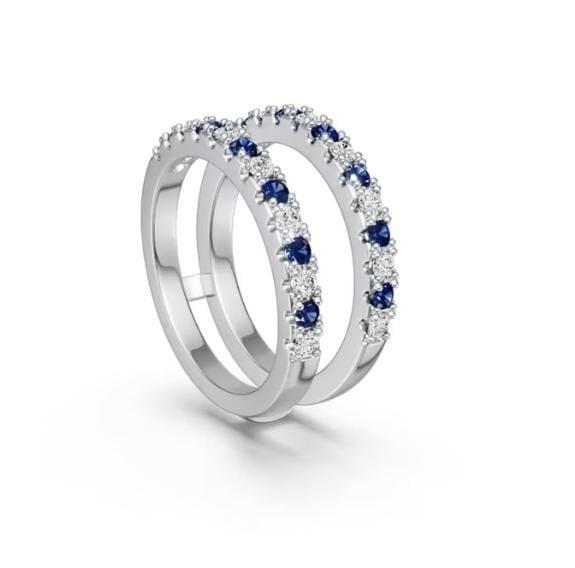 Round Cut White and Blue Sapphire Enhancer Wedding Band in Sterling Silver