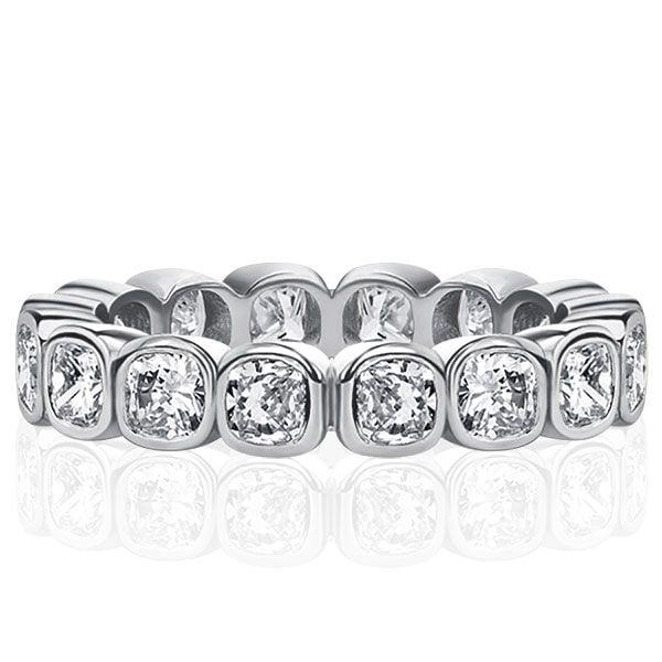 Bezel Set White Cushion Cut Eternity Wedding Band for Women in Sterling Silver