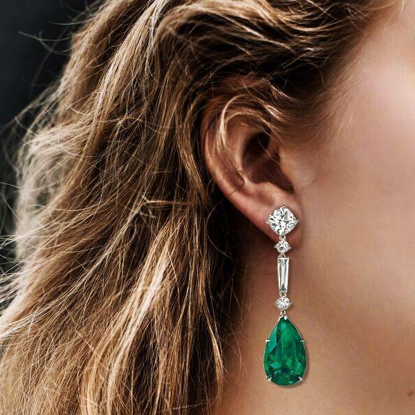 Emerald Pear Cut Drop Earrings - Sterling Silver Dangle Earrings