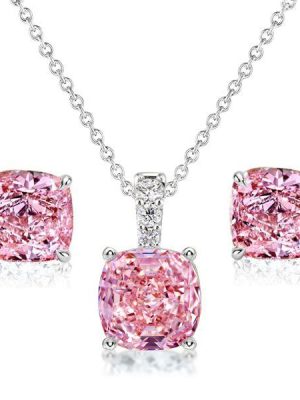 Cushion Cut Pink Sterling Silver Necklace and Earring Set