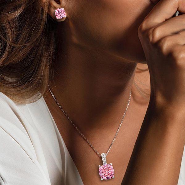 Cushion Cut Pink Sterling Silver Necklace and Earring Set