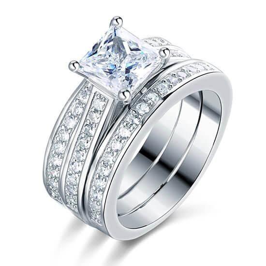 White Sapphire Wedding Ring Set for Women - 925 Sterling Silver 3PC Bridal Set