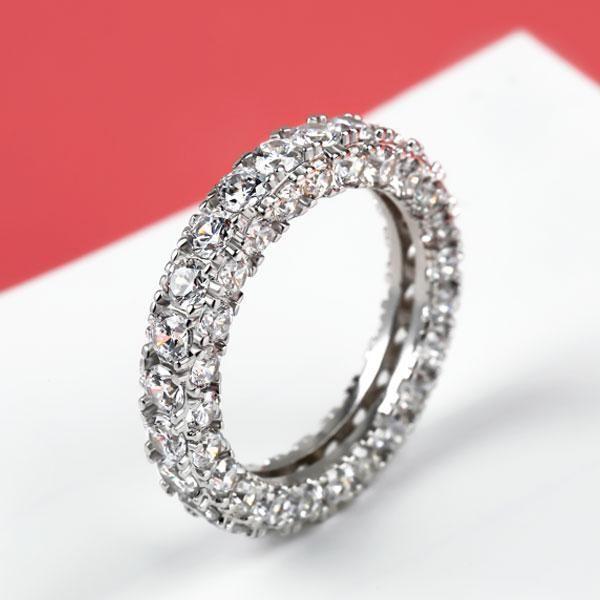 Sterling Silver Wedding Band with White Sapphire Eternity Pave Setting - Bridal Ring Set