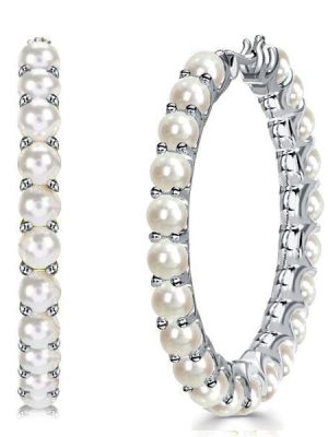 Sterling Silver Pearl Hoop Earrings with Secure Lach Backing